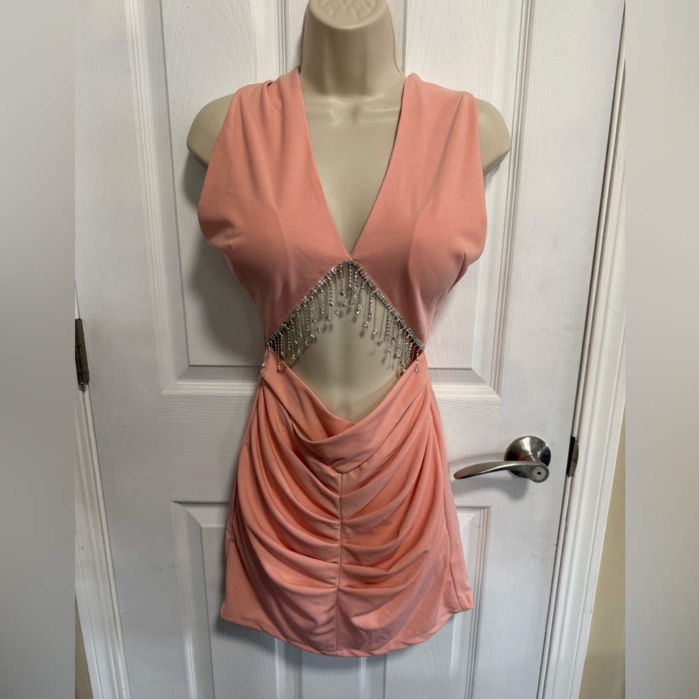 Women's Peach Cutout Mini Dress with Rhinestone Fringe